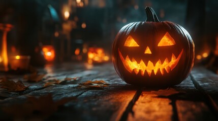 Halloween Pumpkin on wooden table in front of spooky dark background. Jack o lantern