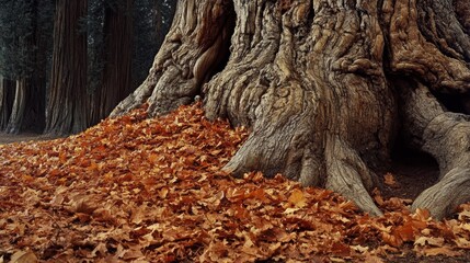 Obraz premium Majestic Tree Trunk Surrounded by Vibrant Autumn Leaves in a Serene Forest Setting