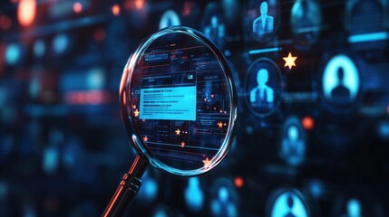 A magnifying glass over digital profiles, symbolizing data analysis and investigation.