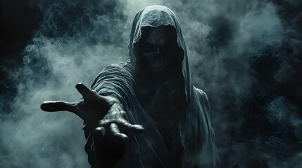 A woman in a dark cemetery surrounded by smoke and fire, dressed in gothic fashion, embodies a scary Halloween zombie amidst the danger and fantasy of the night