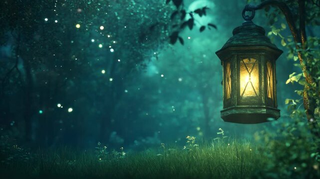 Rustic lantern glowing at night in tranquil forest with moonlight filtering through trees. mysterious and serene atmosphere.