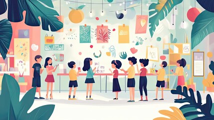 Children admiring artwork in a colorful classroom