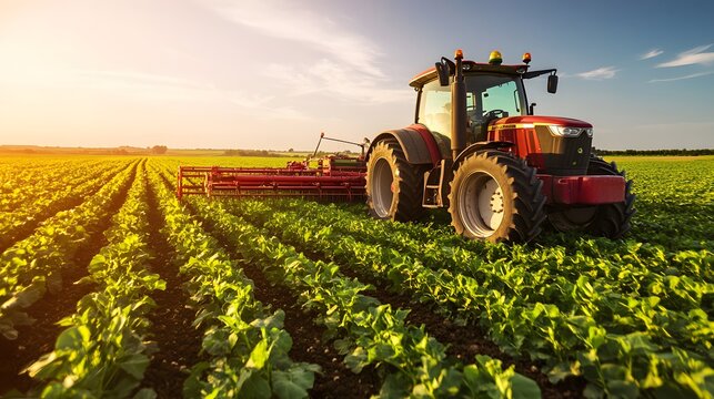 Fototapeta A tractor in an agricultural field, representing the core of farming and plant cultivation