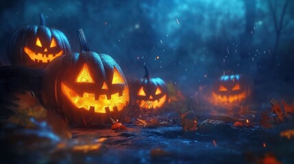 Naklejka premium Jack O' Lanterns Glowing In Fantasy Night. Halloween Background