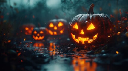 Fototapeta premium Jack O' Lanterns Glowing In Fantasy Night. Halloween Background