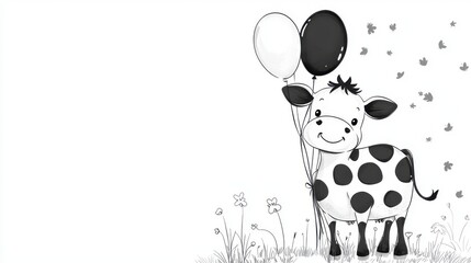 Cow-themed birthday, cute cow with balloons, playful farm vibe, black and white, cartoon, isolated on white background.