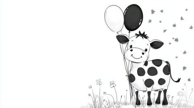 Cow-themed birthday, cute cow with balloons, playful farm vibe, black and white, cartoon, isolated on white background.