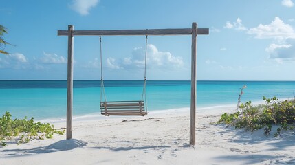 A tranquil tropical beach backdrop featuring a beach swing or hammock, white sand, and a serene sea, ideal for relaxation and summer holidays in the Bahamas