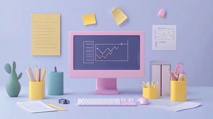 Modern Pink Desktop with Computer  Keyboard  Mouse  and Office Supplies