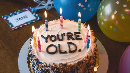 White birthday cake with "YOU'RE OLD" icing and small "Jane" sign nearby