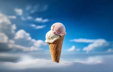 A double scoop ice cream cone sits on a white surface, with a blue sky and white clouds in the background.