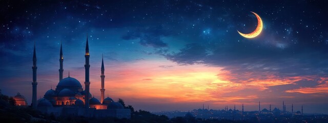 Obraz premium a night scene of a mosque with a crescent in the sky