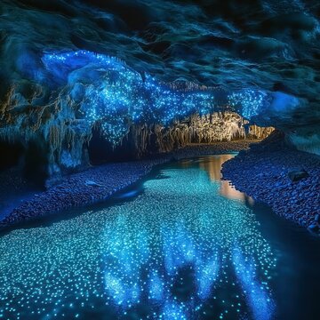 Magical Bioluminescent Glowworm Cave with Stalactites and Tranquil River