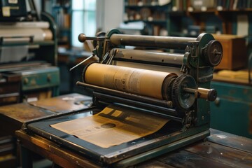 Fototapeta premium A black and white photo of an old printing press, generative ai image