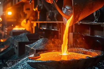 Molten metal being poured from crucibles into molds in the industrial foundry metallurgical process. AI generate image