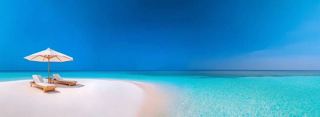 A tranquil beach scene featuring white sand, clear turquoise waters, and a sunshade, perfect for relaxation on a sunny day.
