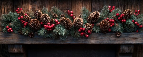 Rustic Christmas Mantle Decor Pinecones, Red Berries, and Evergreen Garland for a Cozy Holiday Atmosphere