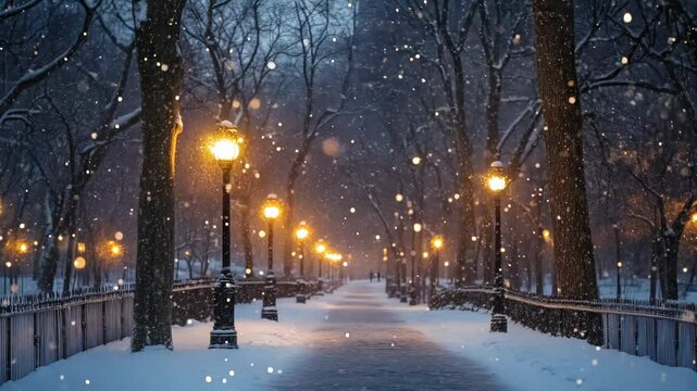 Snowy Central Park at night. snow-covered trees, glowing lampposts, winding path. NYC skyline in distance. tranquil winter scene.