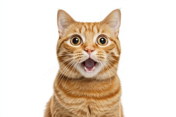 A surprised orange tabby cat with wide eyes and an open mouth, conveying shock or excitement against a plain background.