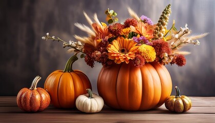 A captivating image that evokes the spirit of fall, featuring a vibrant arrangement of autumn flowers in a pumpkin vase