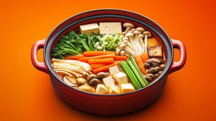 A hearty vegetable hot pot filled with mushrooms, tofu, fresh greens, and carrots in a red pot. The dish is rich in nutrients, ideal for promoting healthy eating and vegetarian meal options for home