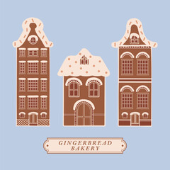 Hand drawn gingerbread houses set collection. Isolated Christmas cookies with icing elements. Winter holidays celebration decoration dessert vector. For poster, card, scrapbooking, invitation, media