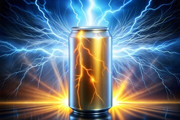 Golden energy drink can with lightning on blue background
