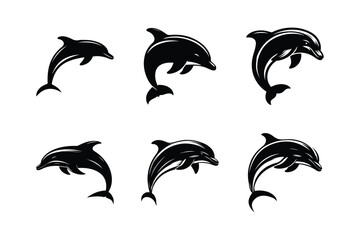 Naklejka premium Dolphin silhouettes set. Dolphin icon. Vector icon set isolated on black design