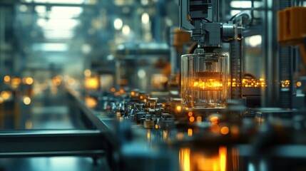 Close-up of a modern industrial production line with glass containers and machinery.