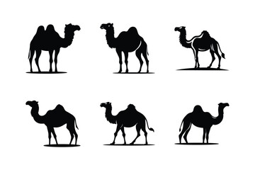 Camel silhouette icon set vector, black camel animal silhouette white background