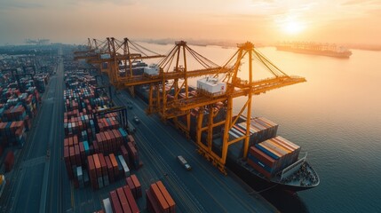 Aerial view of shipping containers at a port during sunset.