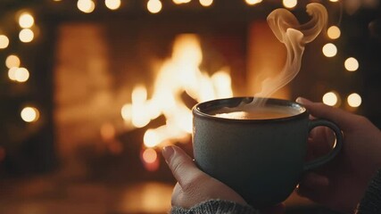 Person holding steaming cup of coffee by cozy fireplace with soft flames and glowing embers, warm ambiance