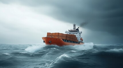 Cargo ship navigating rough seas under stormy skies.