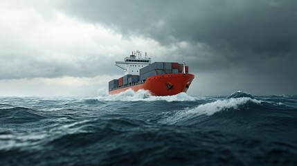 Cargo ship navigating through stormy ocean waters.