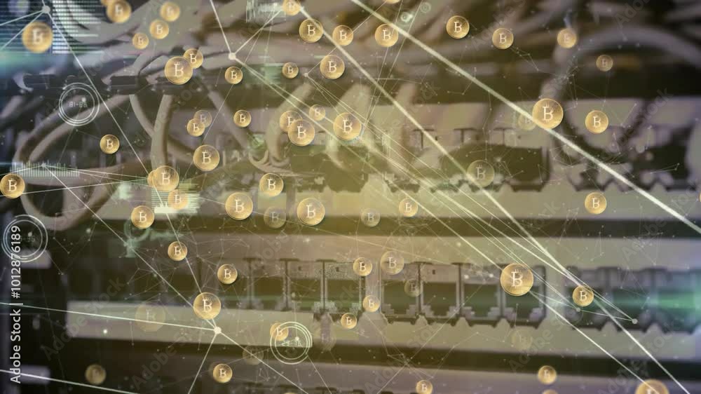 Poster animation of network of connections with icons over computer server