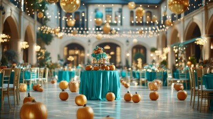A Halloween party in a mystical fog-covered meadow