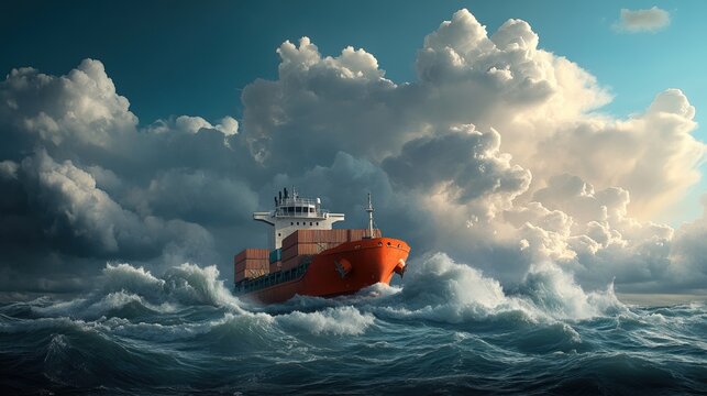 Cargo ship navigating through turbulent ocean waters and dramatic clouds.
