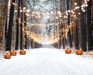 A Halloween party in a mystical winter forest glowing pumpkins amidst snow-covered trees