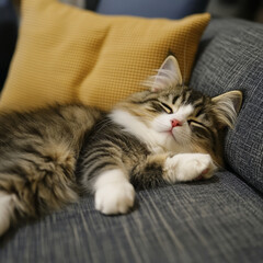 Closeup of a cute cat asleep on a couch tabby cozy furniture with pillows kitten lazy cat portrait face and paws relaxing laying down asleep eyes closed with copy space