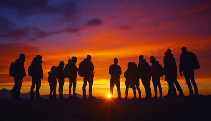 Fototapeta premium Capture individuals in silhouette form against the rising sun, emphasizing the beauty of their shape and the vibrant sky