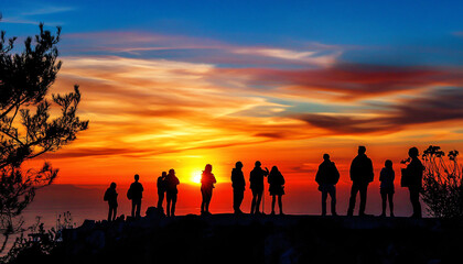 Capture individuals in silhouette form against the rising sun, emphasizing the beauty of their shape and the vibrant sky