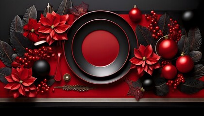 Red and black Christmas background concept Elegant Christmas table setting in red and black.