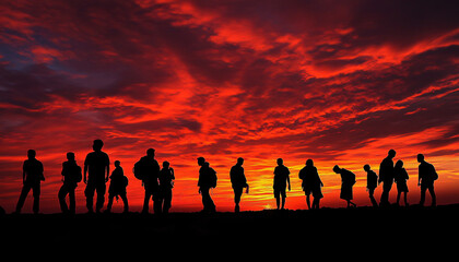 Fototapeta premium Capture individuals in silhouette form against the rising sun, emphasizing the beauty of their shape and the vibrant sky