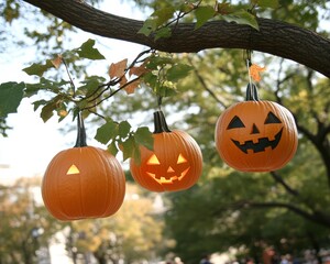 A Halloween party in an enchanted forest glowing pumpkins hanging from twisted branches