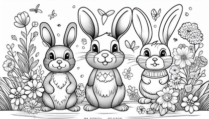 Fototapeta premium children's black and white coloring page with cartoon rabbits