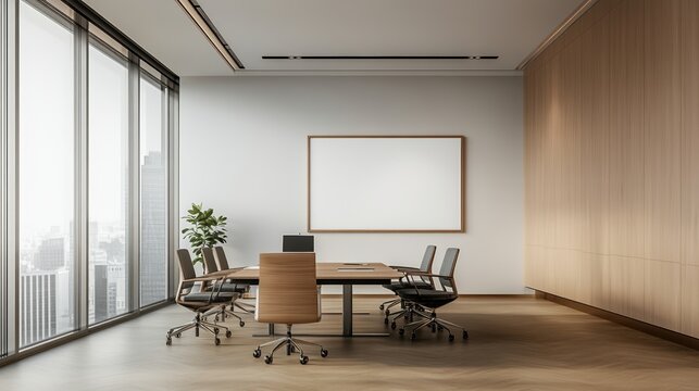 Modern office meeting room with large windows and minimalist design.