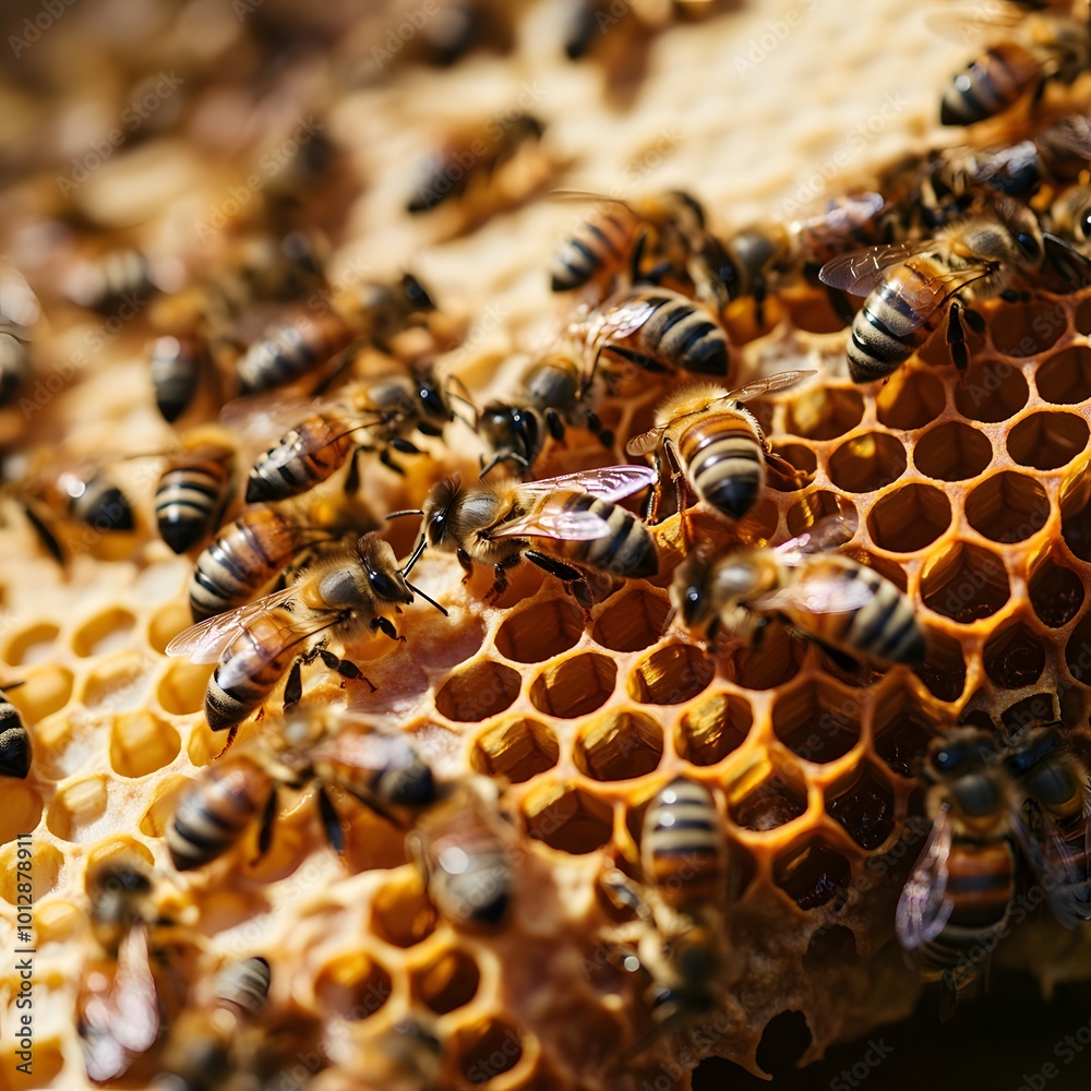 Wall mural cute swarm of bees working at bee honeycomb background