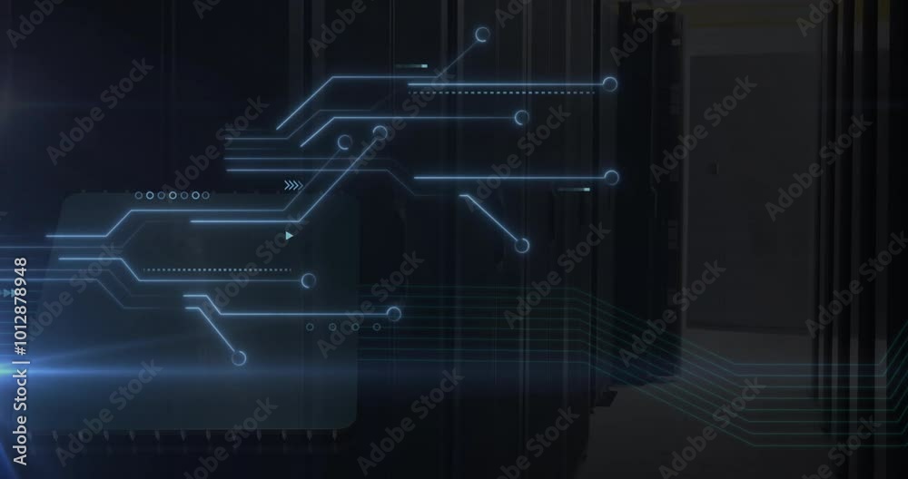 Poster animation of computer circuit board data processing over computer servers