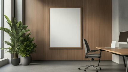 Modern office workspace with a blank canvas, plant, and comfortable chair in focus.