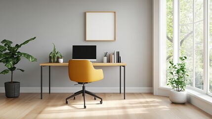 Modern office workspace with a computer and stylish chair by a window.